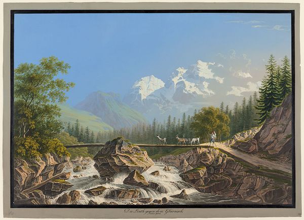Johann Ludwig Bleuler (1792 - 1850) Die Linth gegen dem Glärnisch, Canton Glarus, [Schaffhausen], 1823 Gouache (über Radierung?), Papierrand grau gestrichen, schwarze Umrahmung Inv.-Nr. Hz.037.Nr.062